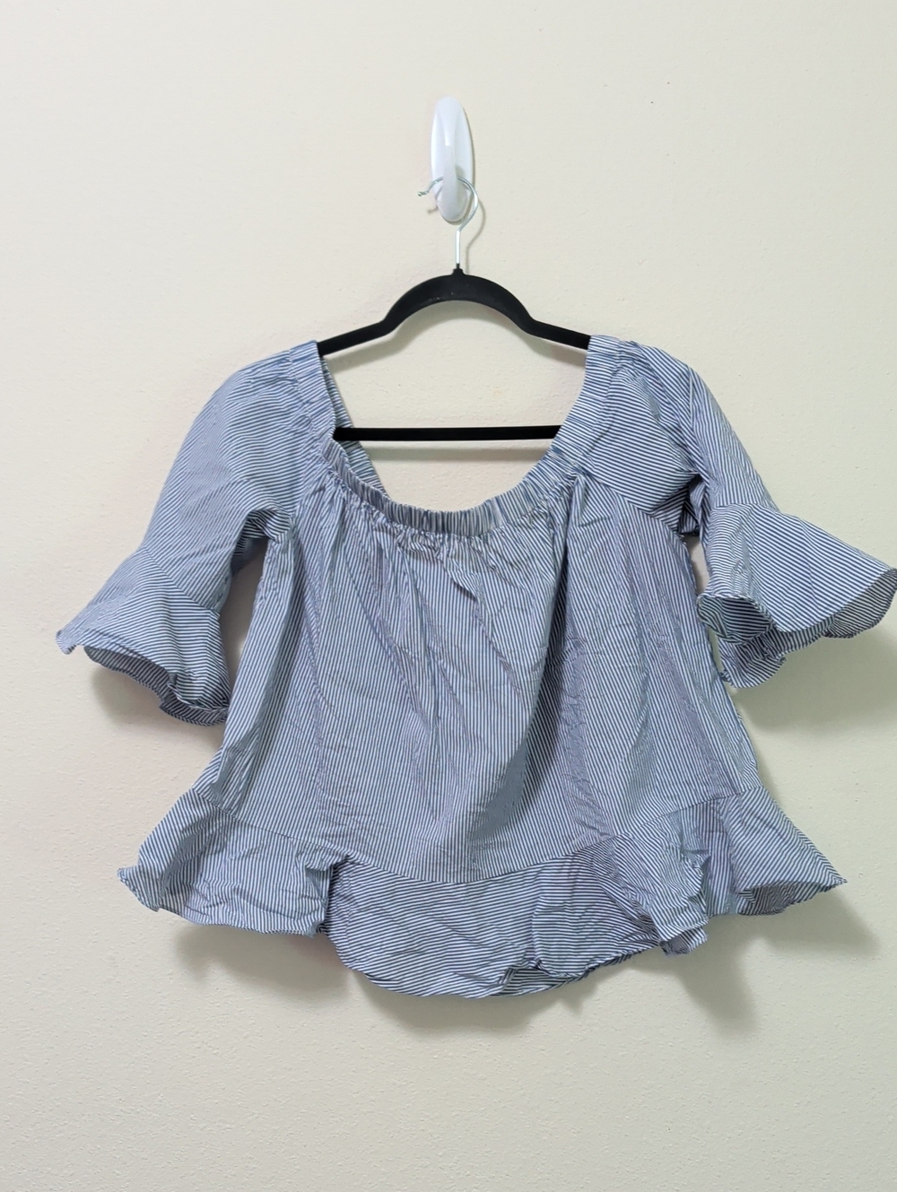 Sunday in Brooklyn Blue and White Striped Off-Shoulder Ruffle Blouse
